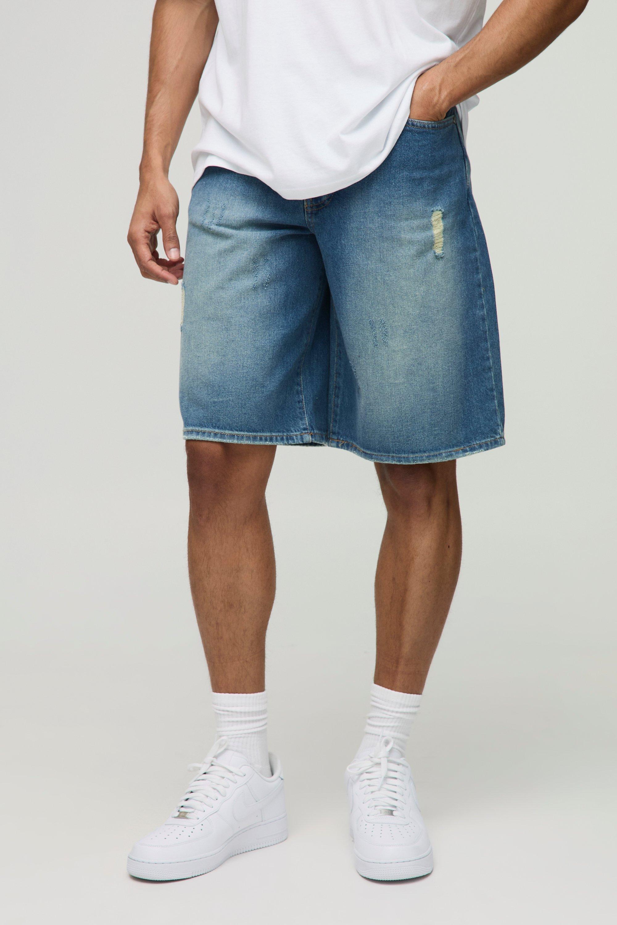 Mens Regular Fit Vintage Blue Washed Minimal Ripped Jorts, Blue